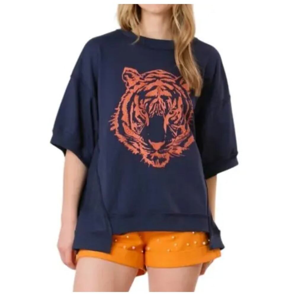 Fantastic Fawn M Tiger Head Navy Orange Rhinestone Oversized Short Sleeve Top